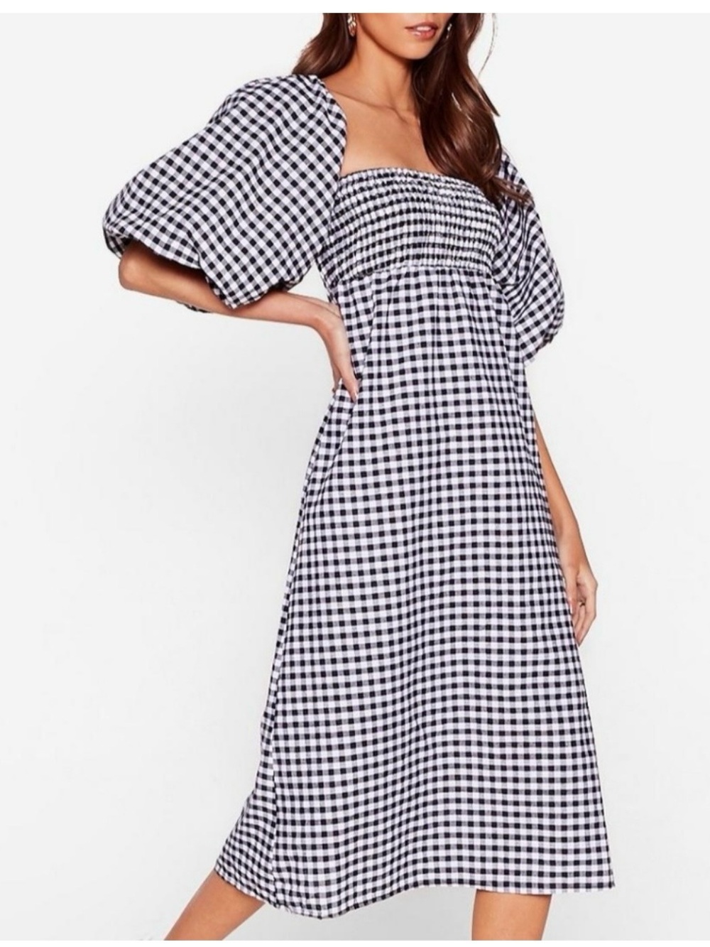 Nasty Gal black  and White Gingham Puff Sleeve Maxi Dress size 4